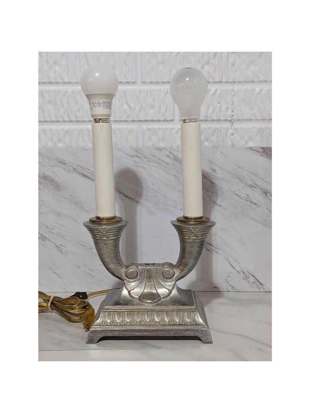 Rare Large Antique Art Neoclassical Silver Bronze Two Light Table Lamp
